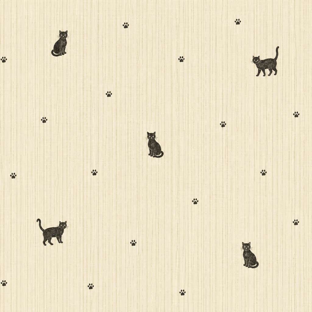 浅卡其纵纹黑猫与稀疏爪印 花型图 1